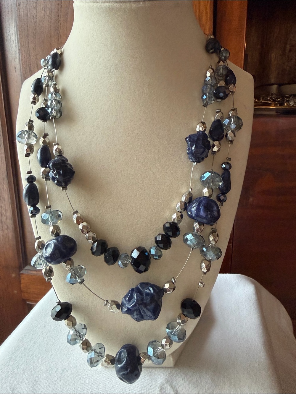 Erica Lyons Blue Multi Strand Beaded Statement Necklace Silver Tone